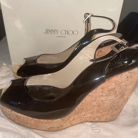 Jimmy Choo Black Patent Leather Espadrille Wedges Size 40 - Picture 3 of 9